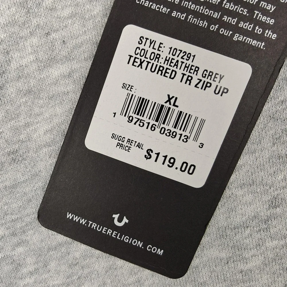 True Religion Hoodie Mens XL Gray‎ Textured TR Full Zip Graphic Logo Fleece